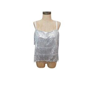 INC Size XL Silver Sequin Fringed Evening Party Top NWT